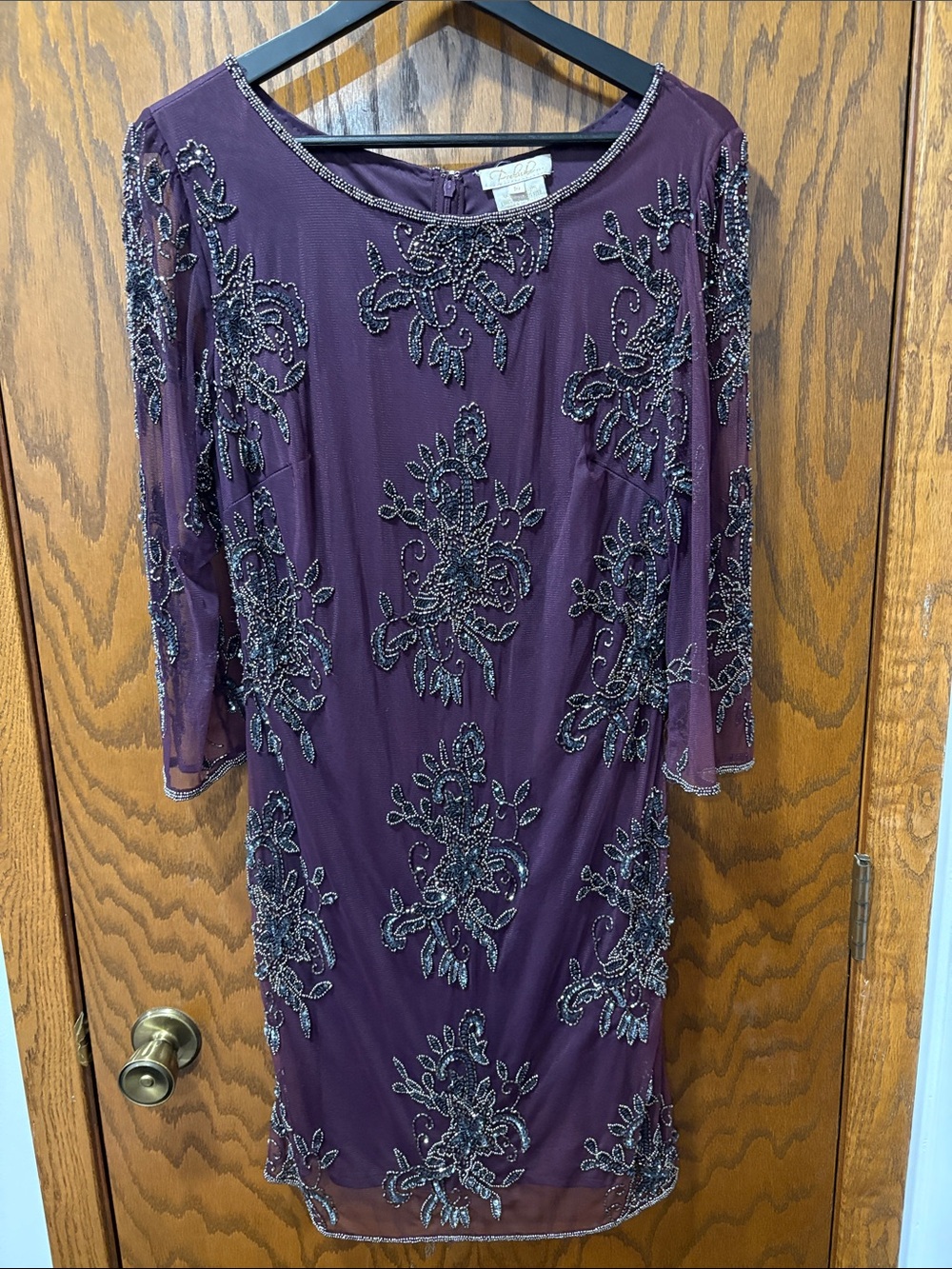Prelude Floral Sequin Beaded 3/4 Sleeve Purple Evening Cocktail Dress Size 10